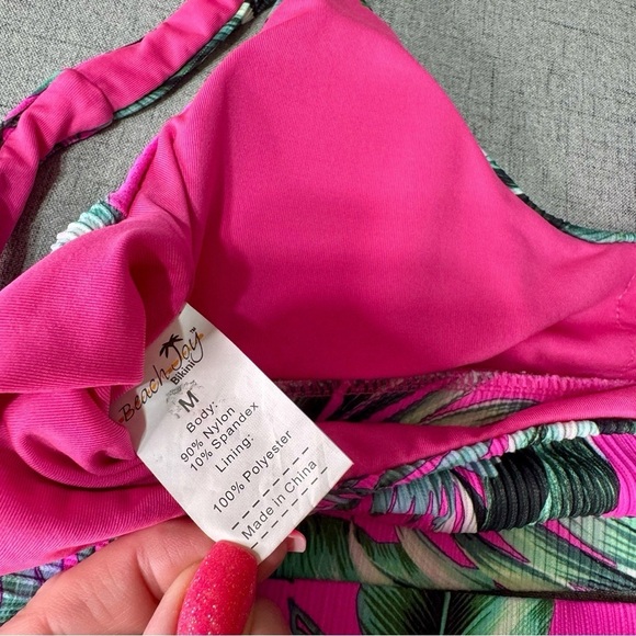 Tropical Leaf Print Ribbed Cheeky Bikini Set Hot Pink Green Medium - Picture 10 of 12